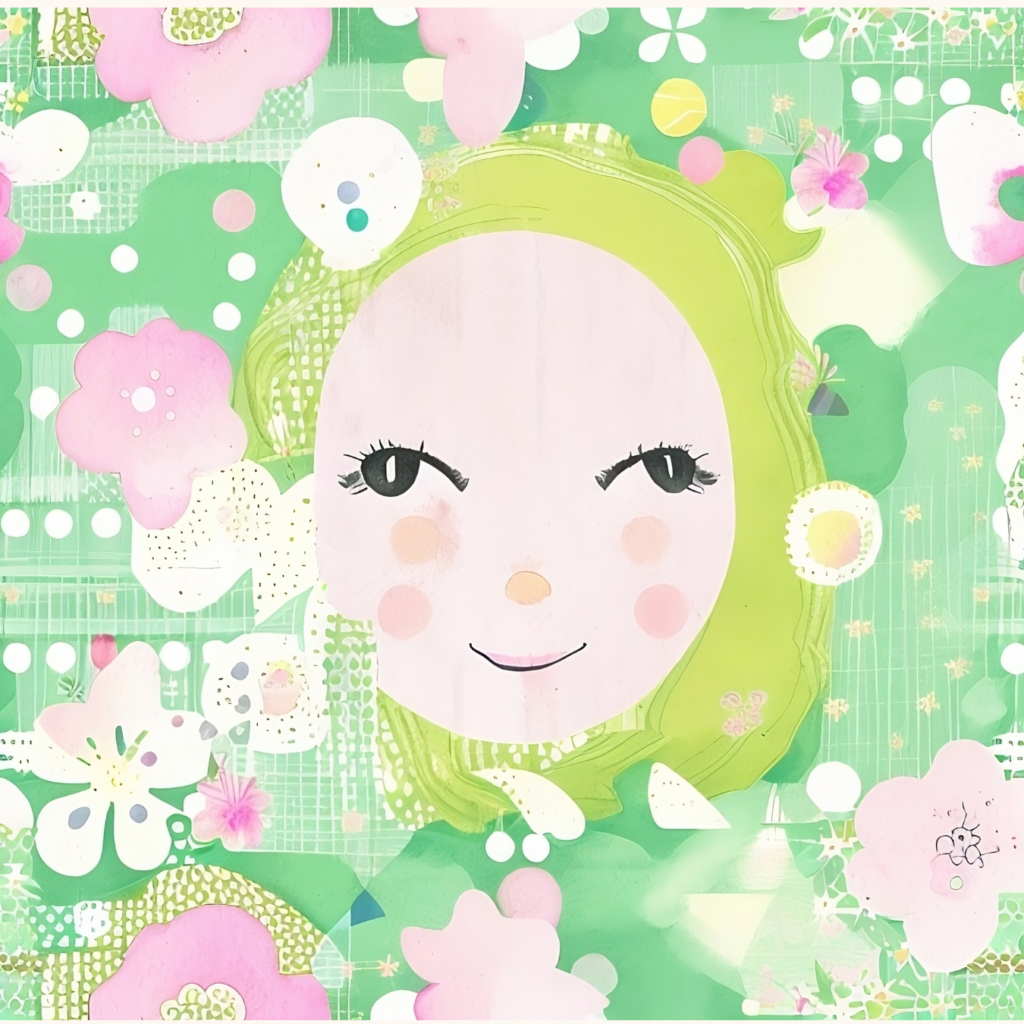 Abstract Happy girl - Green floral art, aesthetic nursery decor