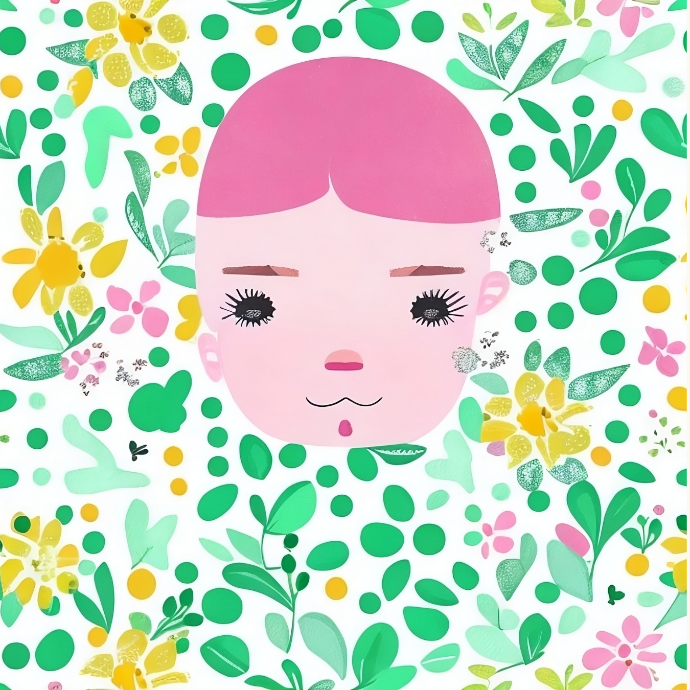 HOME Abstract Happy girl - Green floral art, aesthetic nursery decor