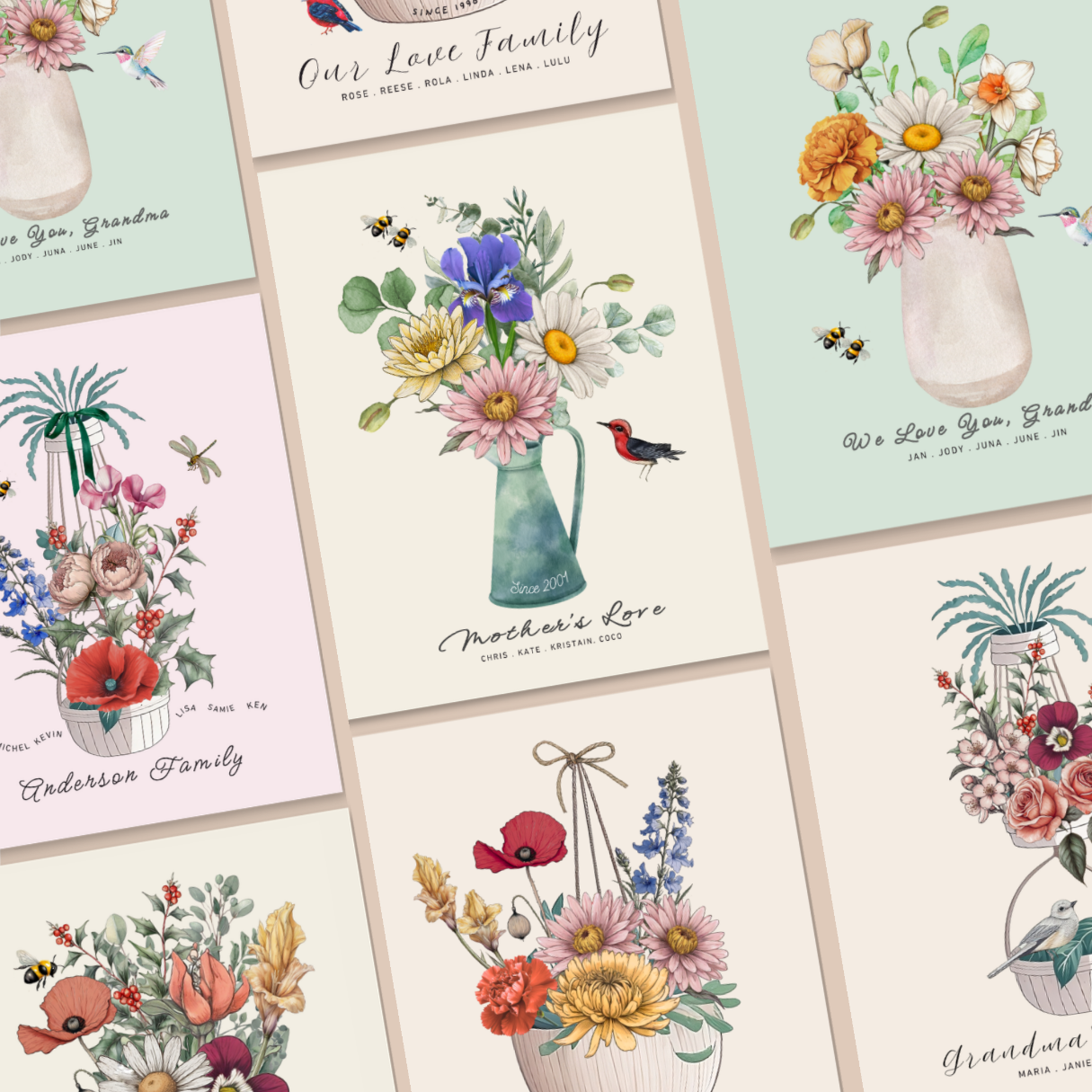 Birth month flowers in vase - custom art