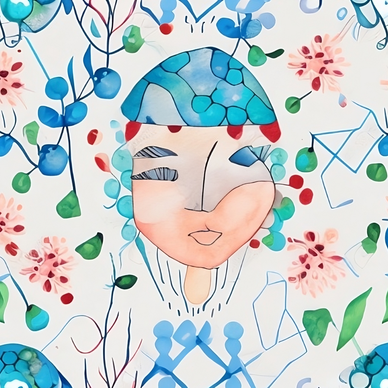girl face abstract art blue red, cute illustration