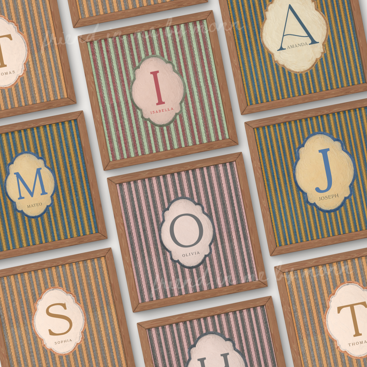initial letter name art - fabric striped background