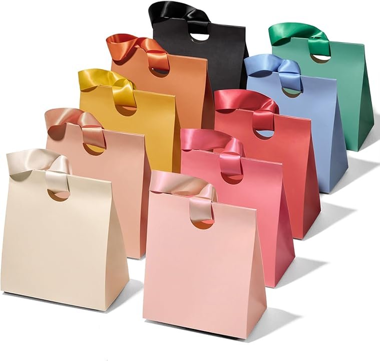 Paper Gift Bags With Ribbon Handles Set of 10 Assorted Colors