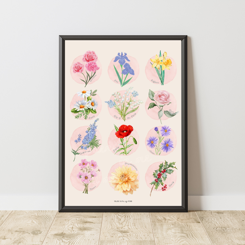 12 birth month flowers watercolor art