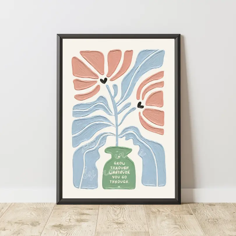Abstract Flower in vase Quote Blue Pink Green
