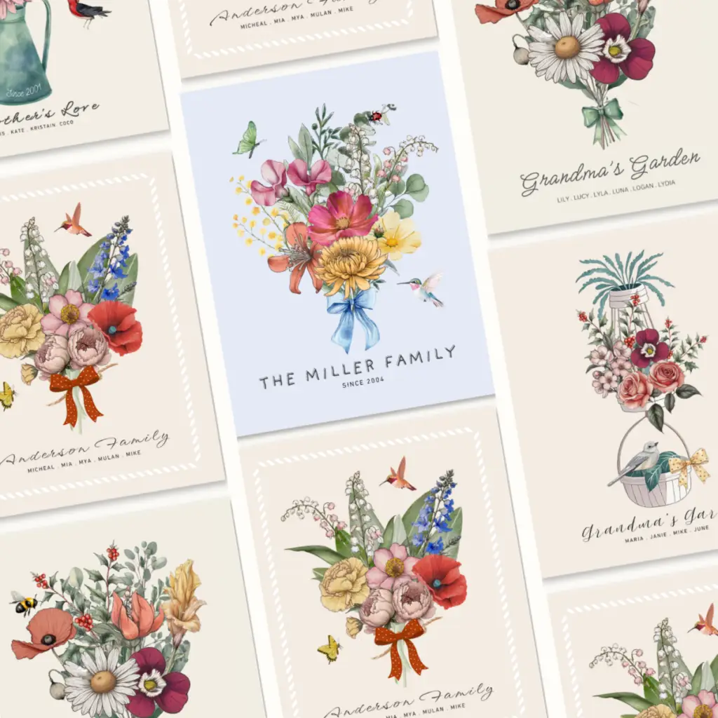 birth flowers poster - birth month flowers bouquet art