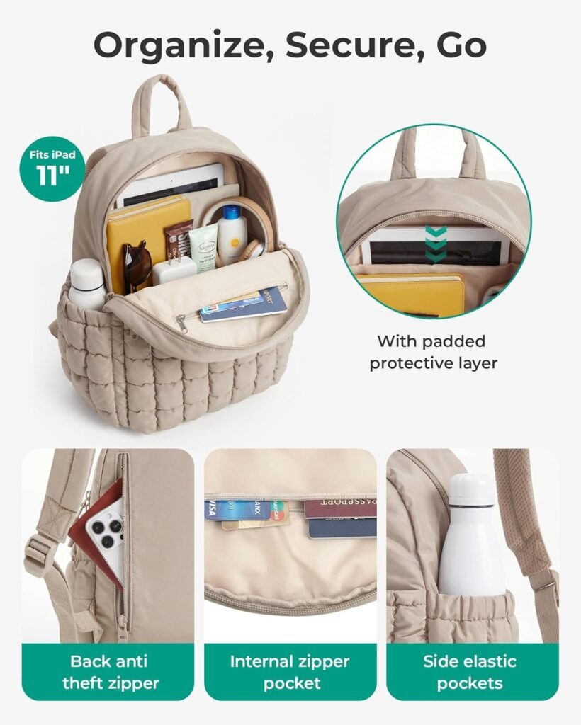 BAGSMART Mini Backpacks for Women, Puffy Checkered Quilted Small Backpack with Pouch
