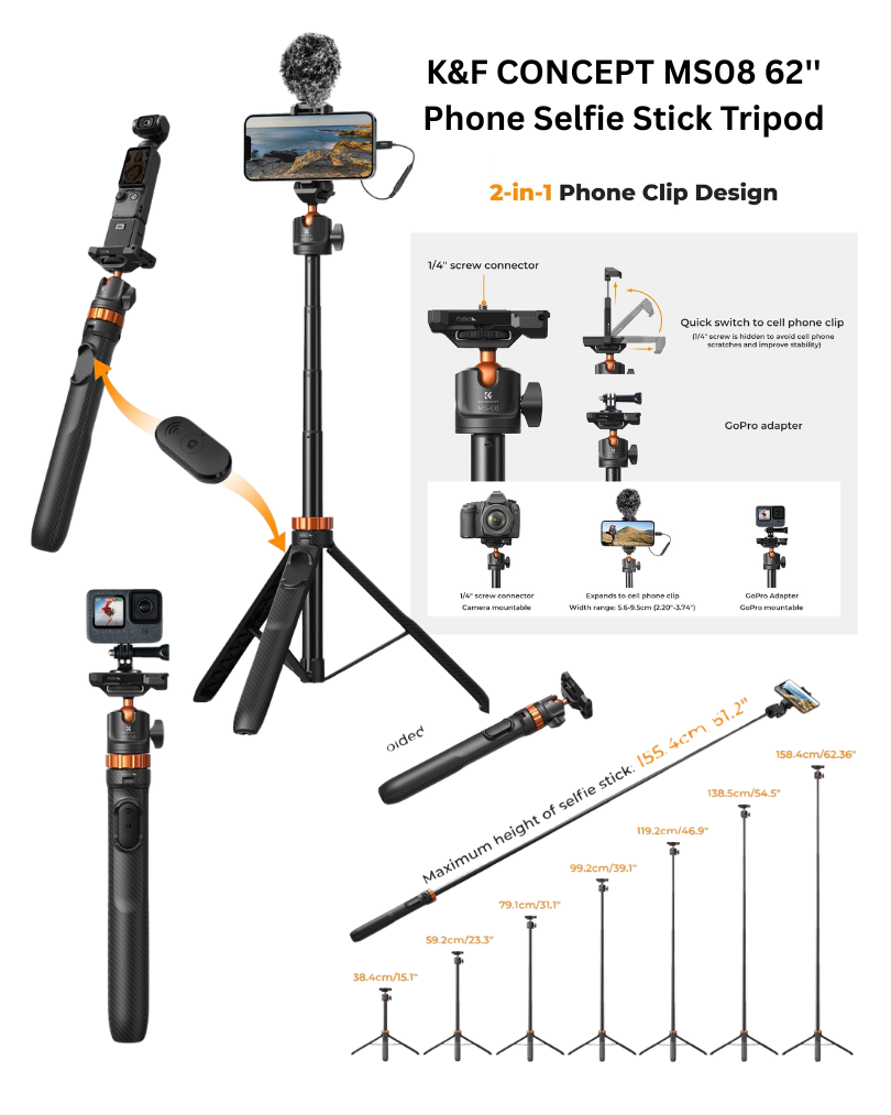 K&F CONCEPT MS08 62'' Phone Selfie Stick Tripod